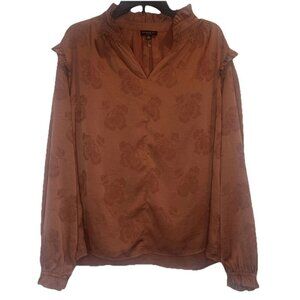 Anthropologie Current Air Womens Brown Floral Ruffle Long Sleeve Blouse Top Sz L